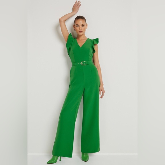 NEW YORK & COMPANY Flutter-Sleeve Belted Jumpsuit - Picture 1 of 7